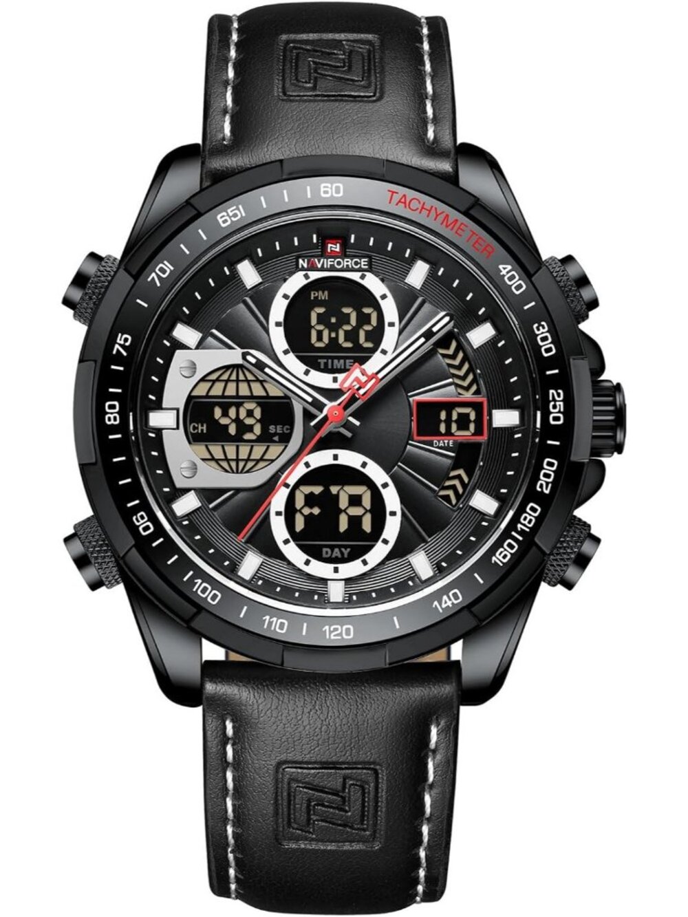 Men's Black White Military Digital Analog Quartz Waterproof Leather Wrist Watch